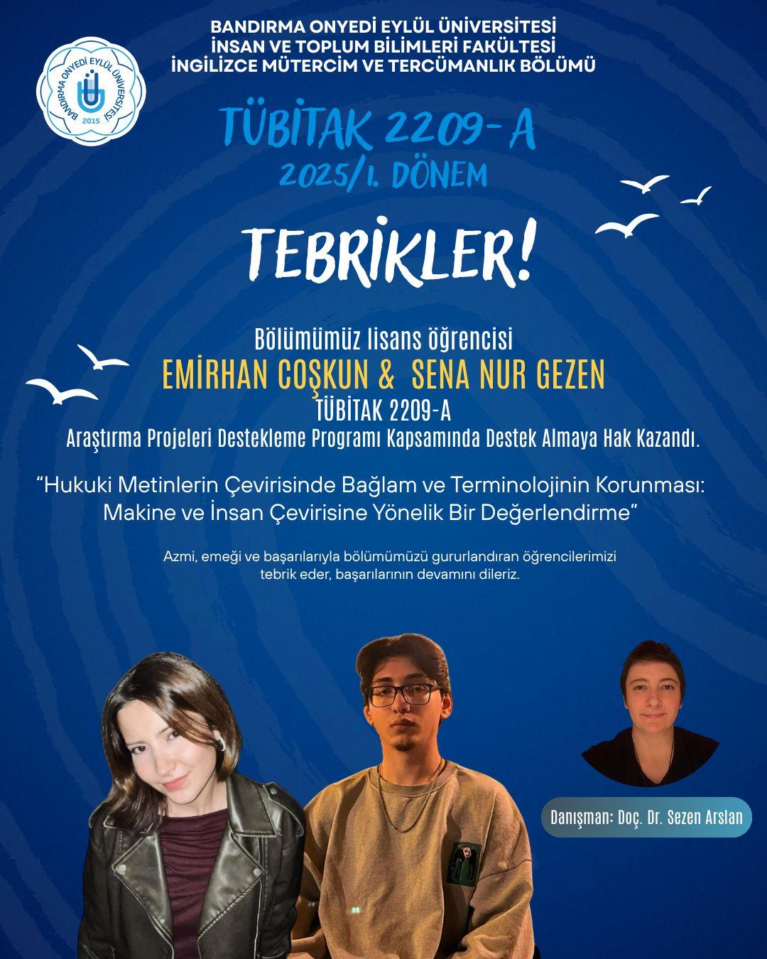Fakültemiz Öğrencilerinin TÜBİTAK 2209-A Projesi Kabul Aldı.
